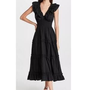 Women's Love The Label Black V-Neck Ruffle Tiered Midi Dress Size Large Petite
